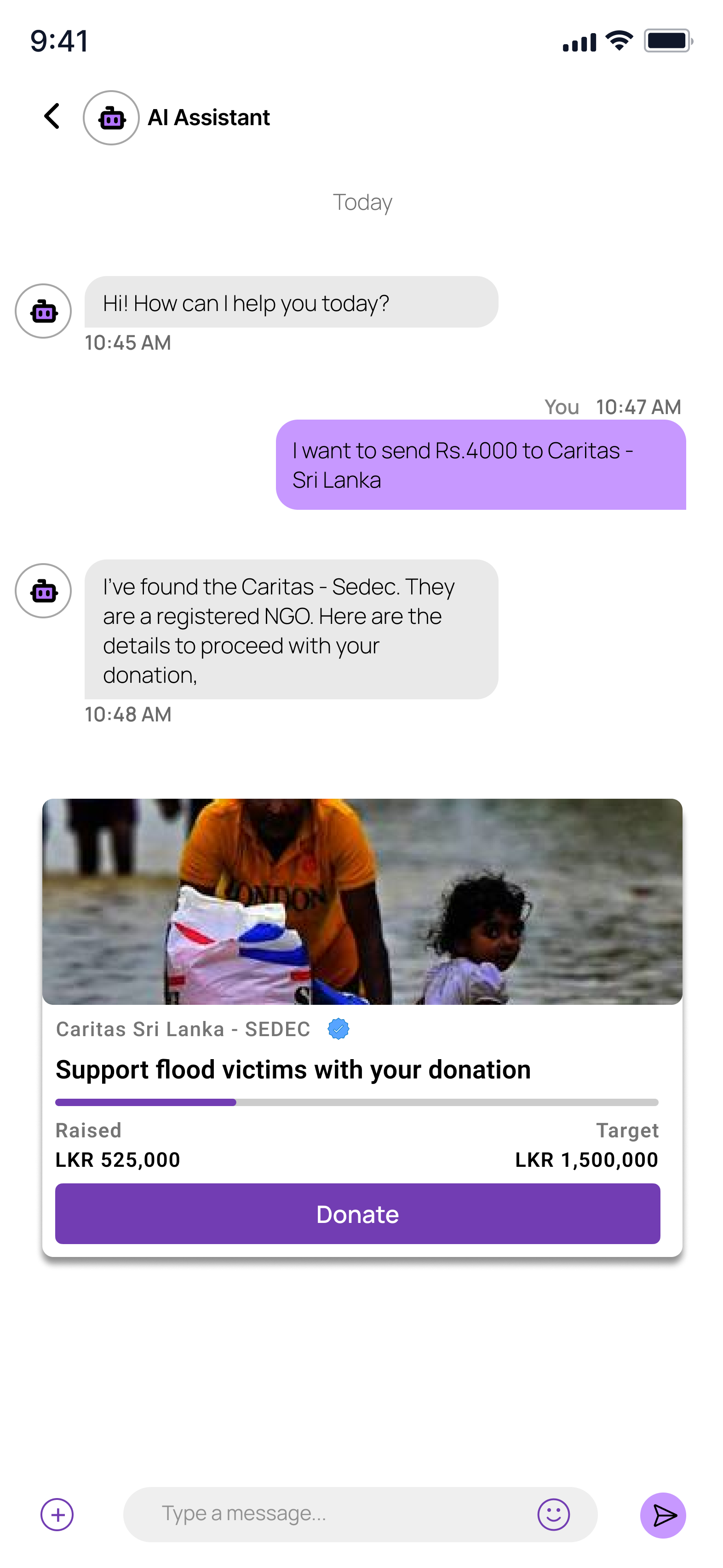 AI Assistant chat interface helping users donate to campaigns and providing organization details