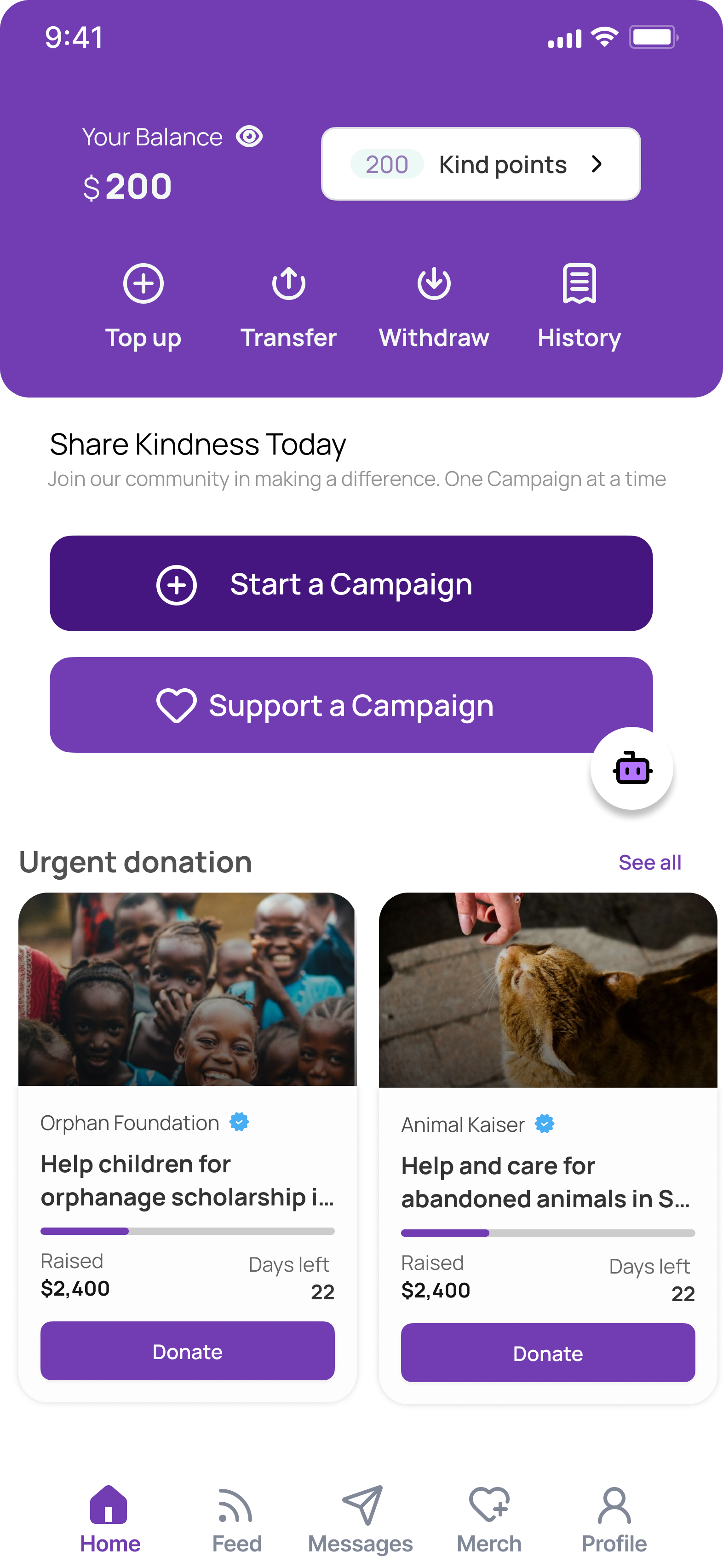 Kindora home dashboard showing balance, Kind points, campaign actions and urgent donations