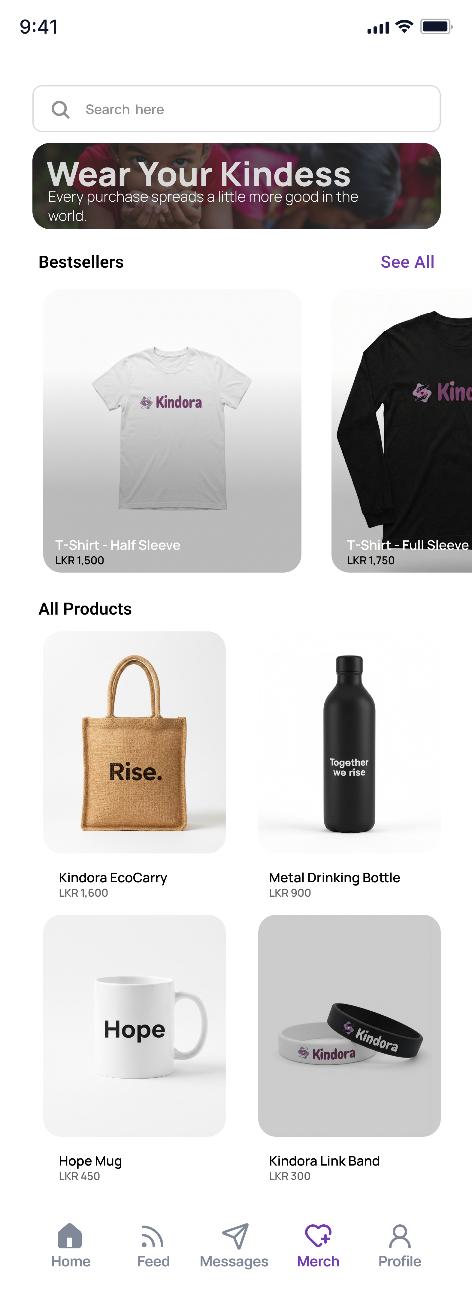 Merchandise store showing Kindora branded products like t-shirts, bags, and accessories