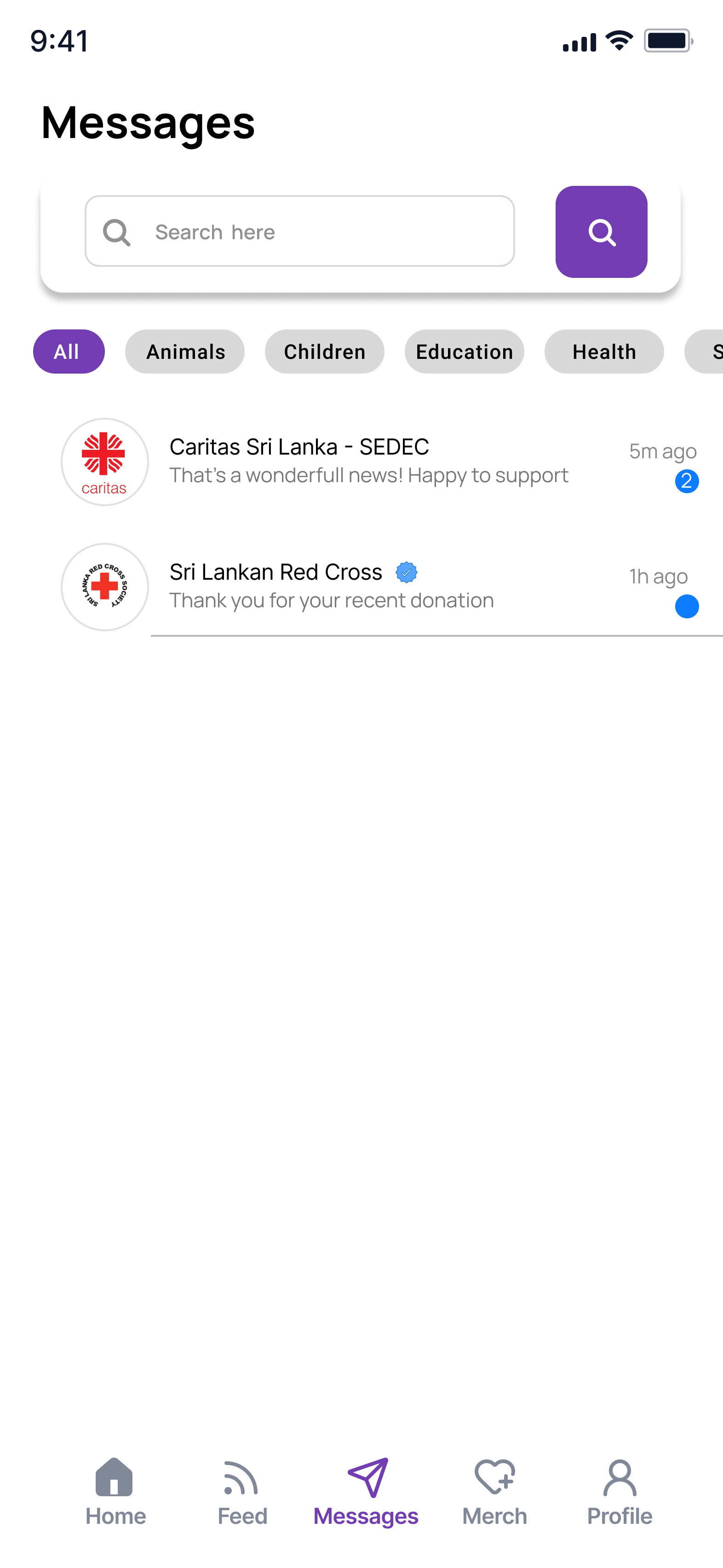 Messaging interface showing conversations with charity organizations
